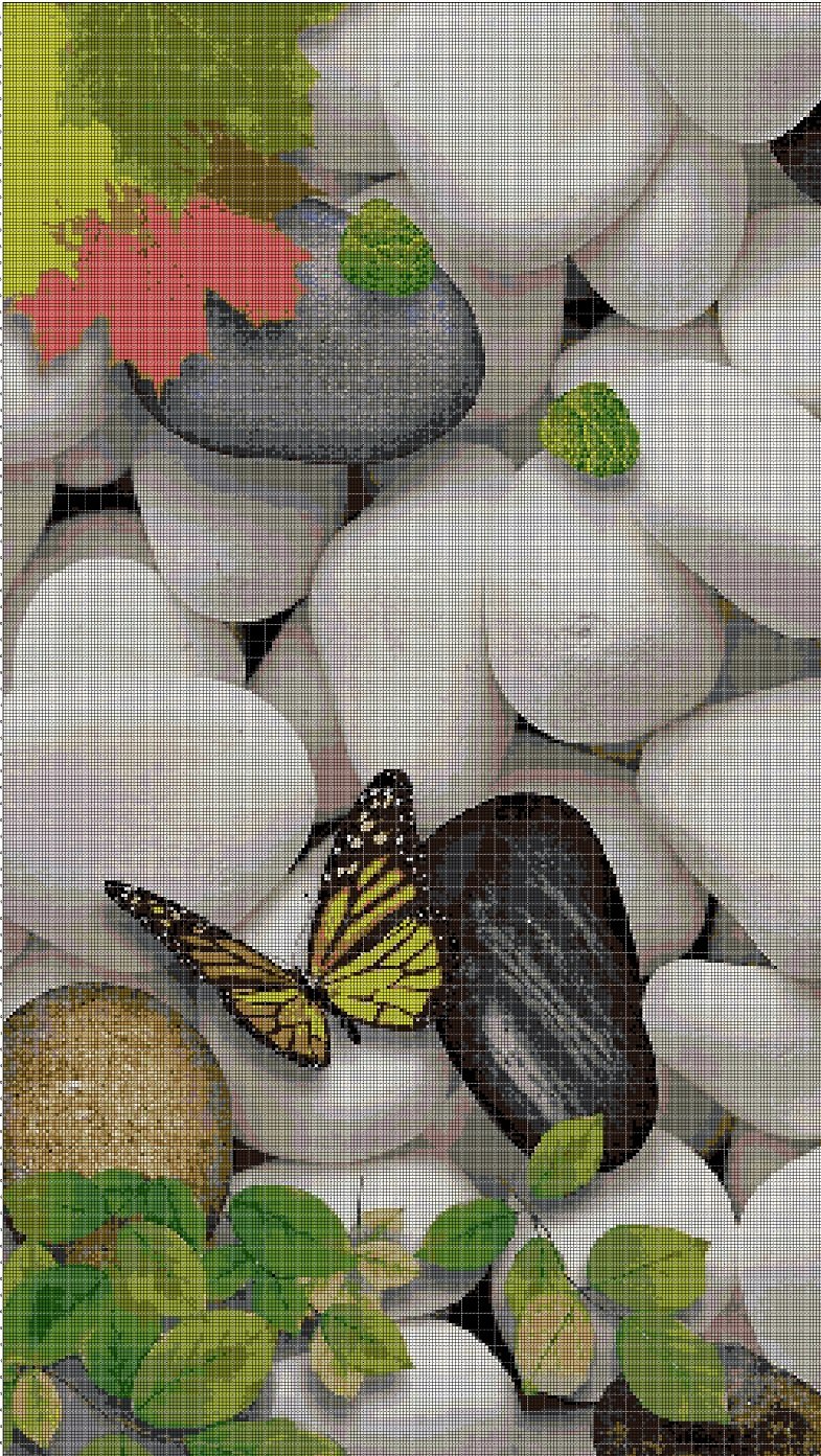 Butterfly and pebbles 2 cross stitch pattern in pdf DMC