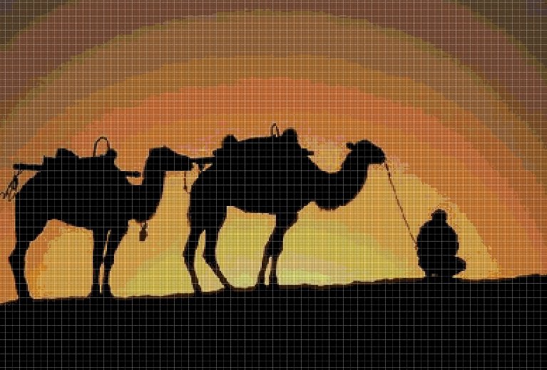 Camel caravan in dessert cross stitch pattern in pdf DMC