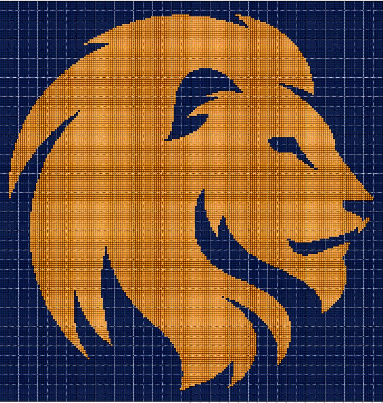 Blue-yellow lion head silhouette cross stitch pattern in pdf