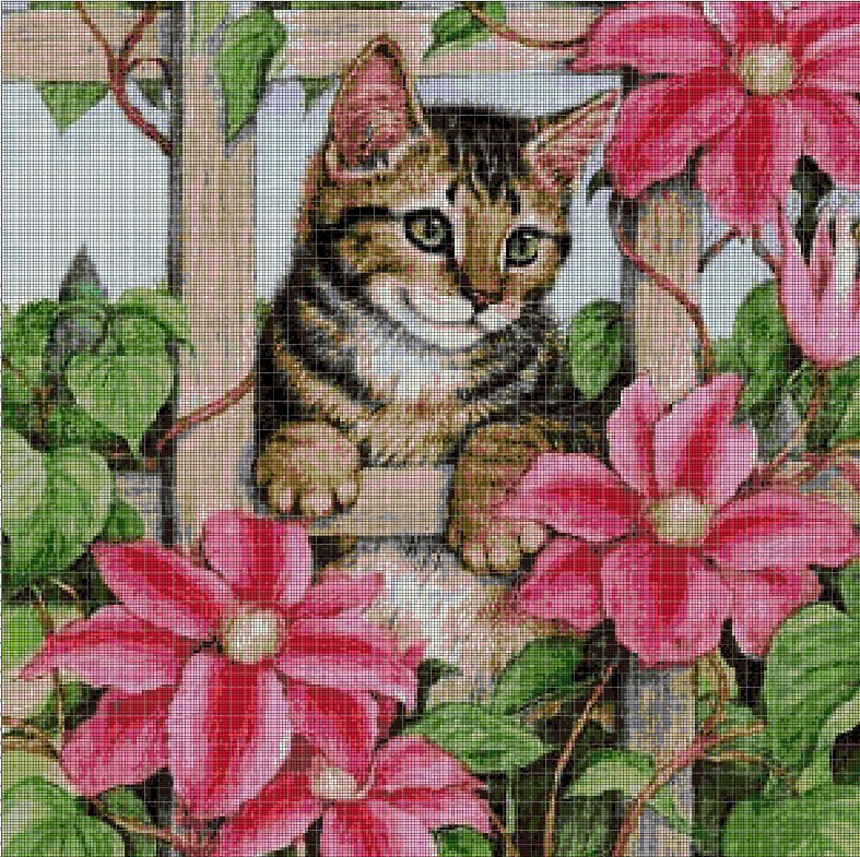 Cat among flowers cross stitch pattern in pdf DMC