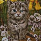 Cat among pansies cross stitch pattern in pdf DMC