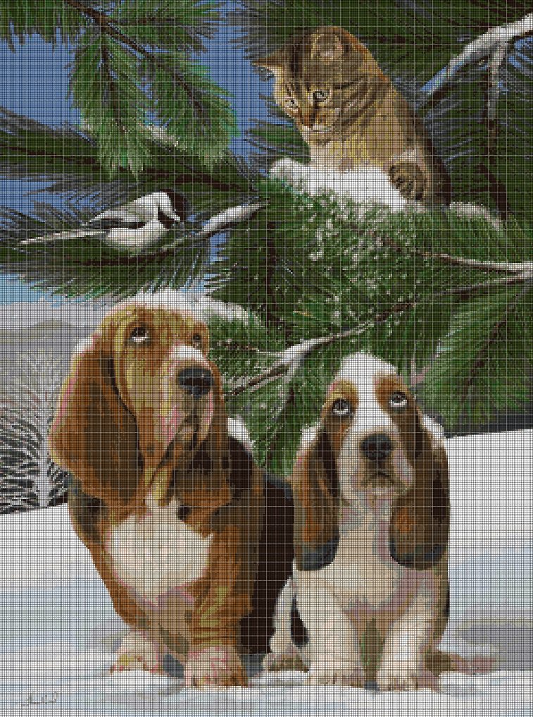 Cat and basset hounds cross stitch pattern in pdf DMC