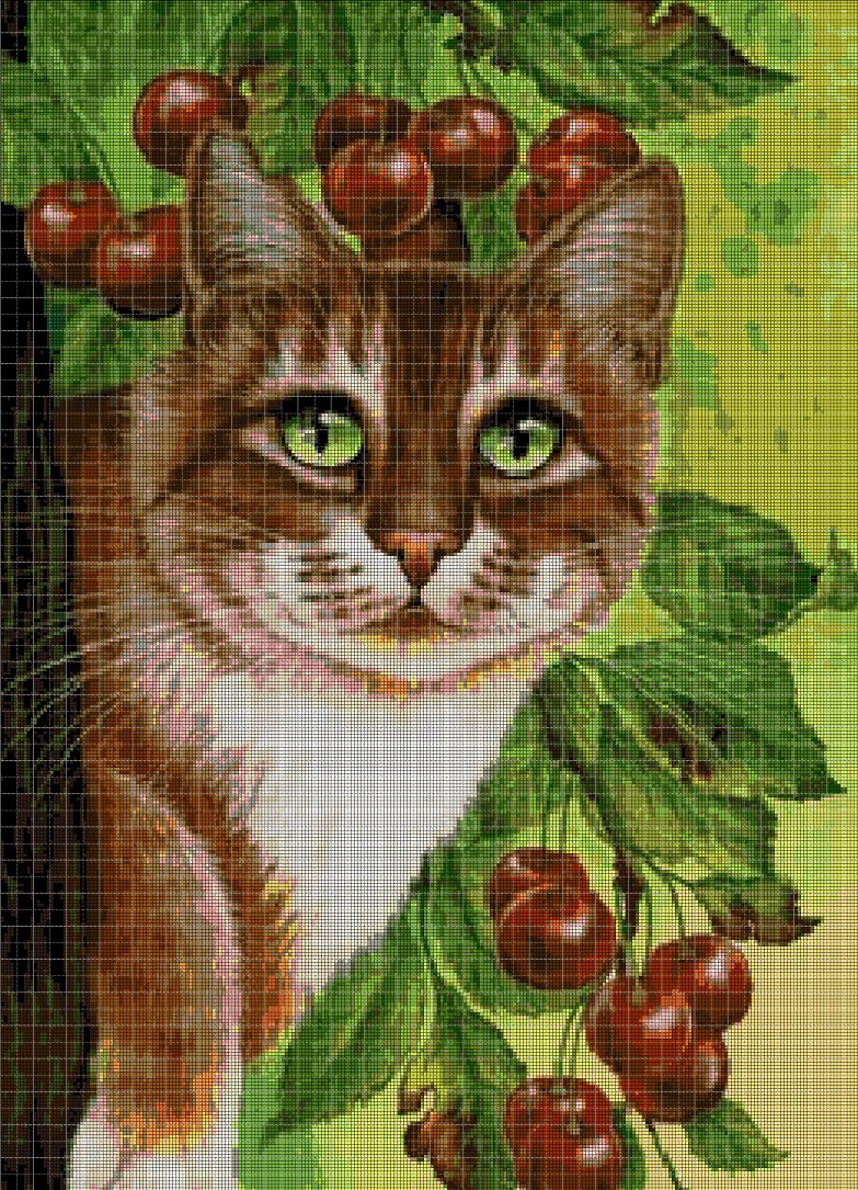 Cat and cherry cross stitch pattern in pdf DMC