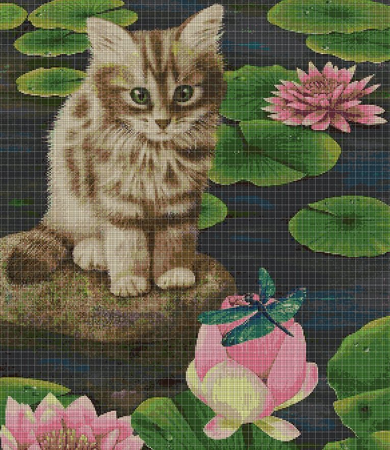 Cat by lake cross stitch pattern in pdf DMC