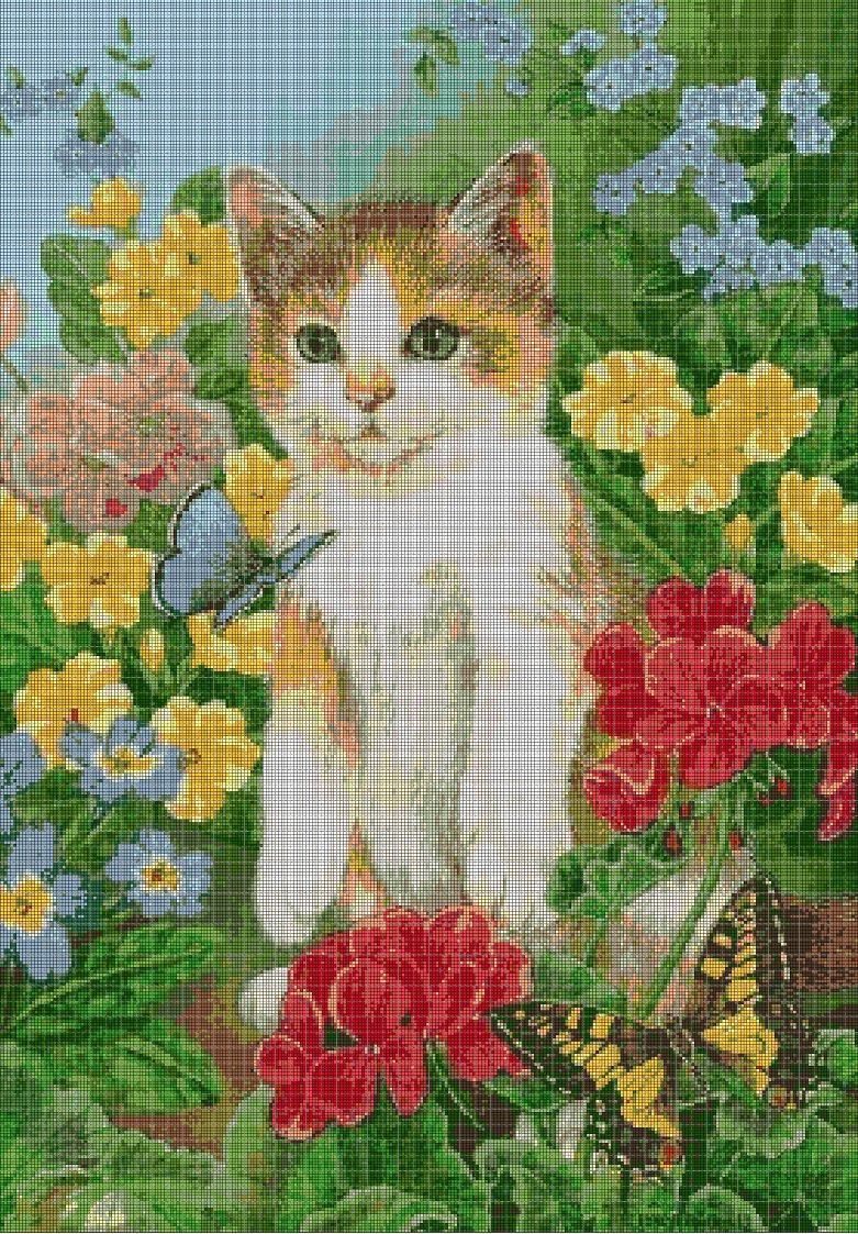 Cat with flowers cross stitch pattern in pdf DMC