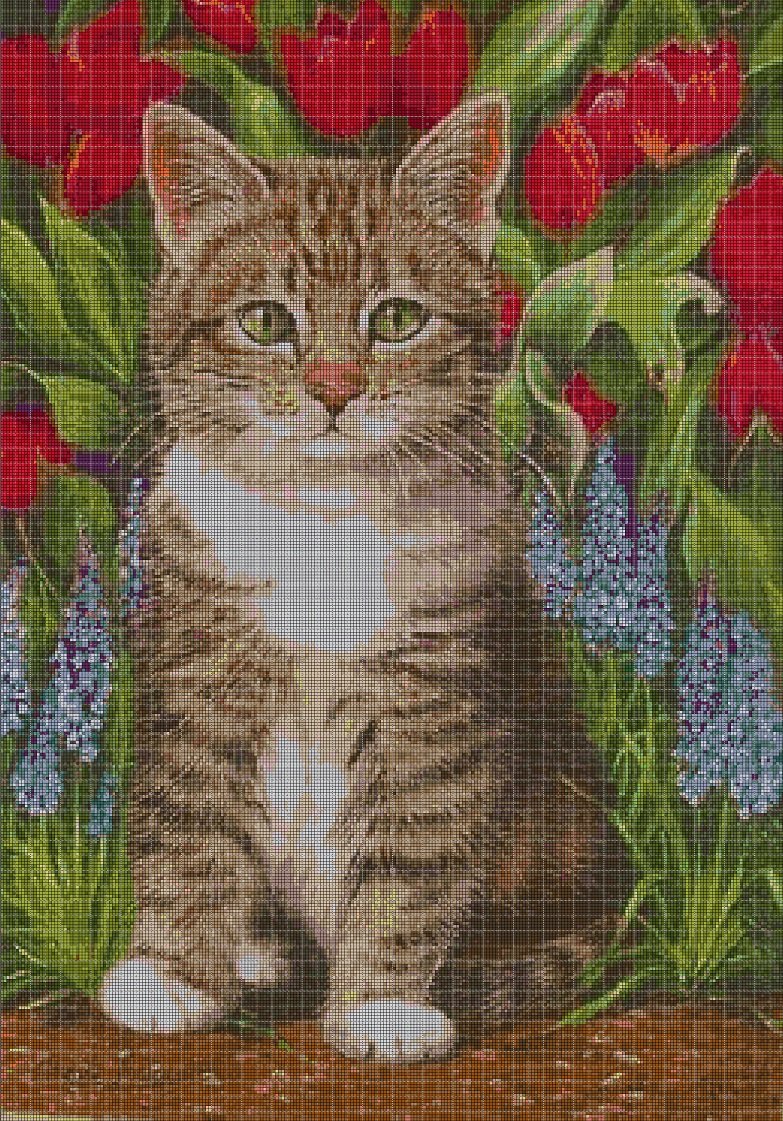 Cat with tulips cross stitch pattern in pdf DMC