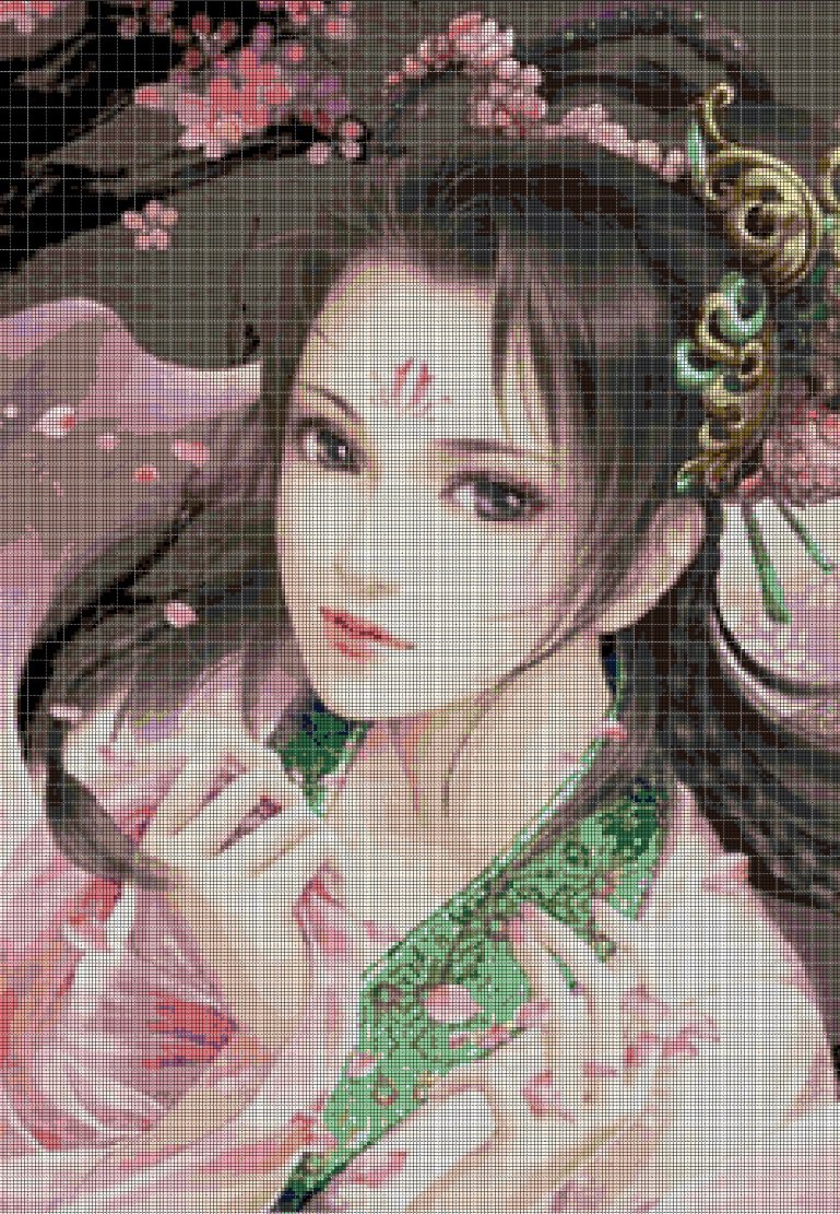 Chinese beauty in pink cross stitch pattern in pdf DMC