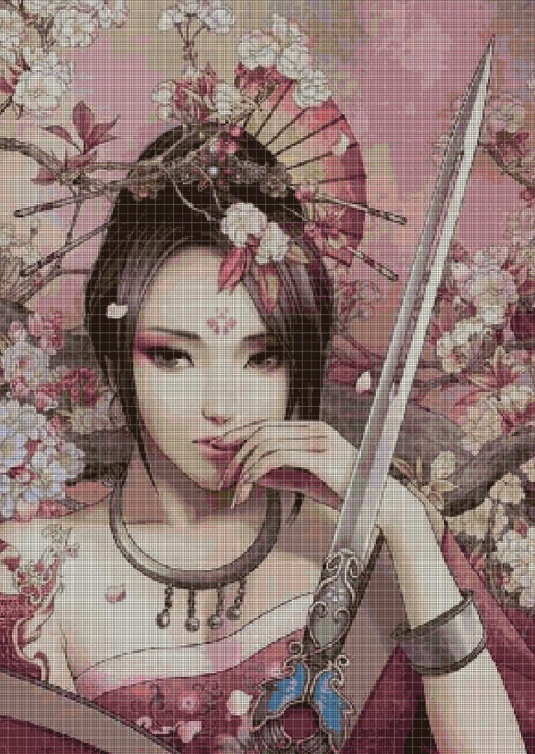 Chinese warrior girl cross stitch pattern in pdf DMC