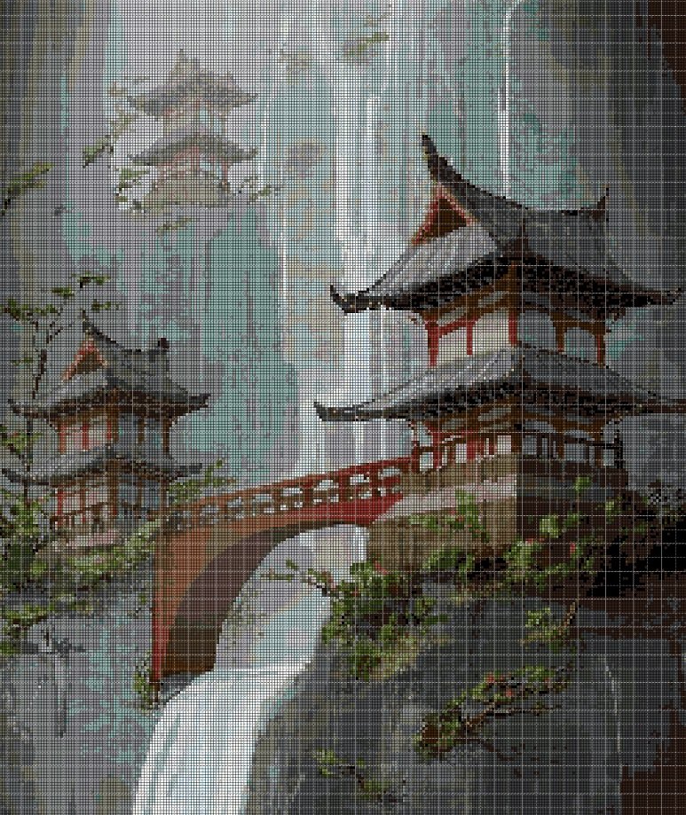 Chinese waterfall cross stitch pattern in pdf DMC