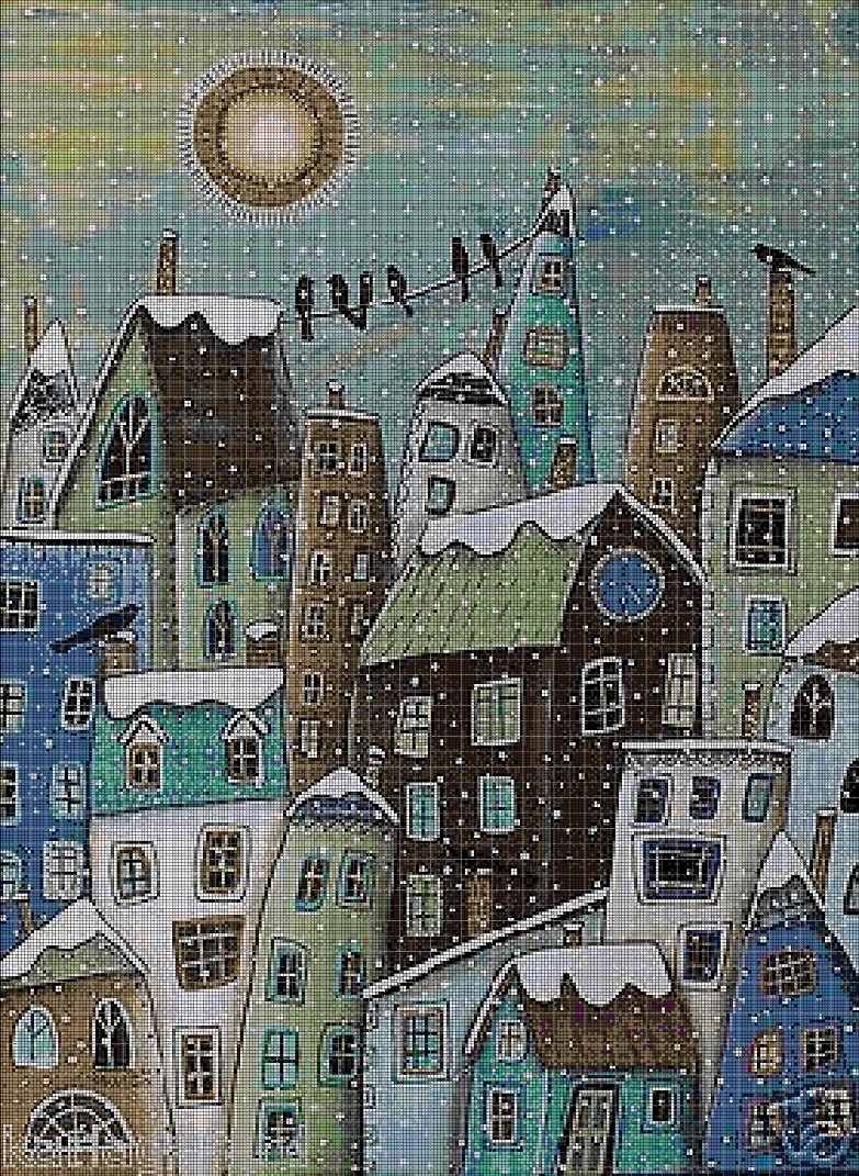 City in winter cross stitch pattern in pdf DMC