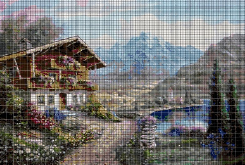 Cottage by the lake cross stitch pattern in pdf DMC