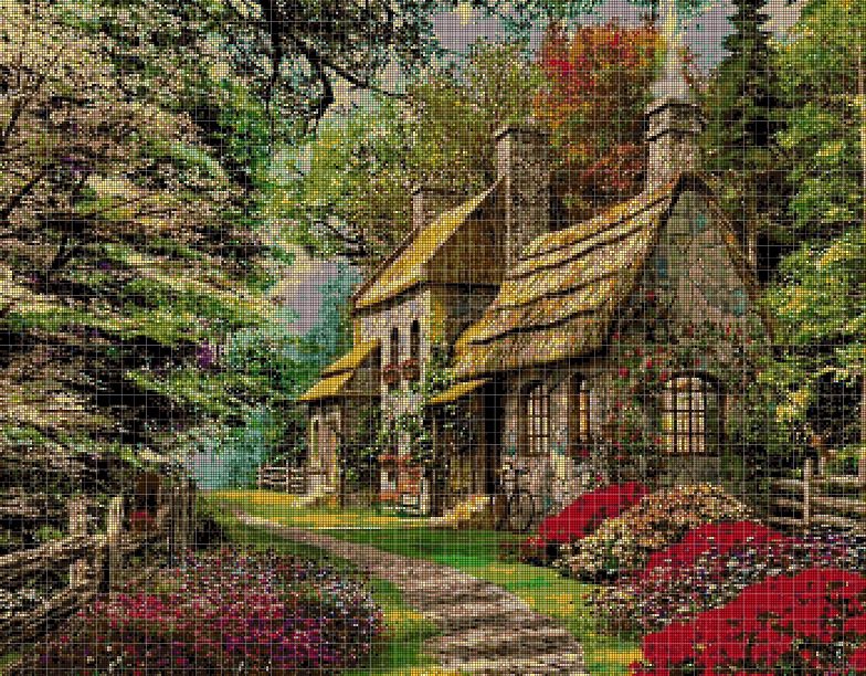 Cottage in the spring cross stitch pattern in pdf DMC