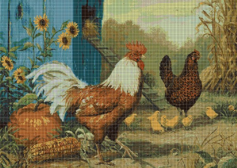 Country chikens cross stitch pattern in pdf DMC