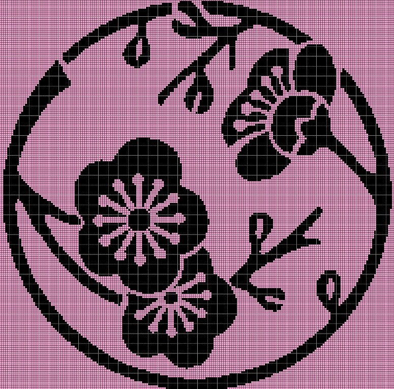 Japanese blossom silhouette cross stitch pattern in pdf