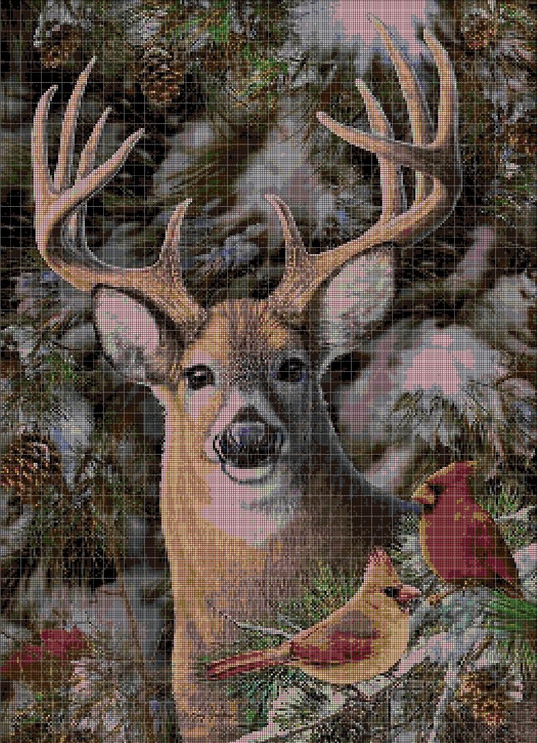 Deer and birds cross stitch pattern in pdf DMC