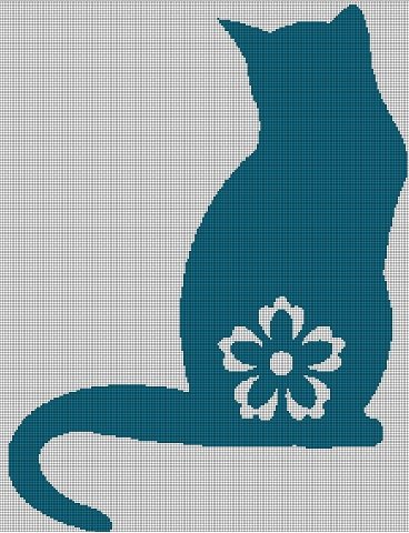 Flower Blue Cat silhouette cross stitch pattern in pdf