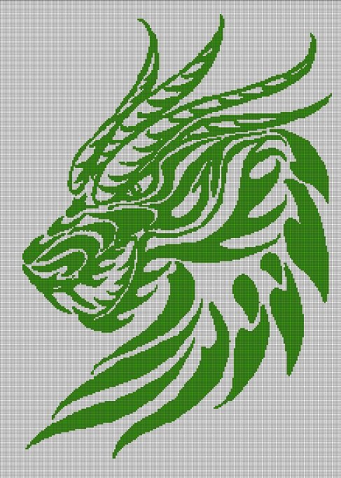 Green dragon head silhouette cross stitch pattern in pdf