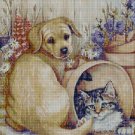 Dog and Cat in Garden cross stitch pattern in pdf DMC