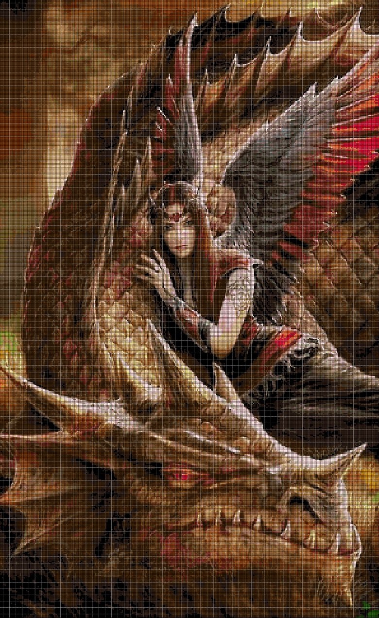 Dragon and black fairy cross stitch pattern in pdf DMC