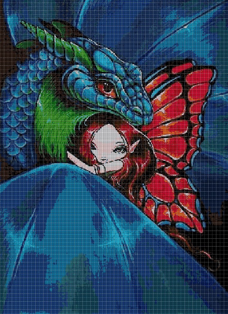 Dragon and fairy cross stitch pattern in pdf DMC