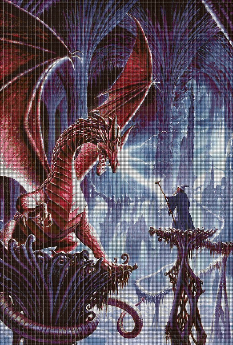 Dragon and wizard cross stitch pattern in pdf DMC