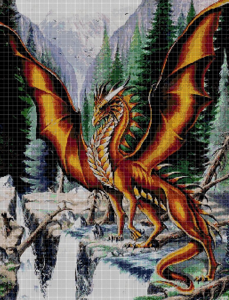 Dragon at river cross stitch pattern in pdf DMC