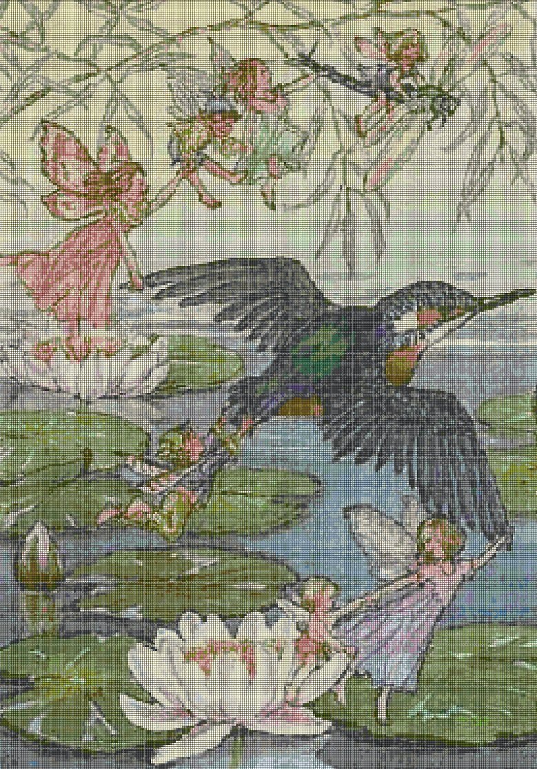 Fairies and humingbird cross stitch pattern in pdf DMC