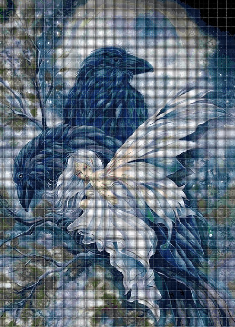 Fairy and raven cross stitch pattern in pdf DMC