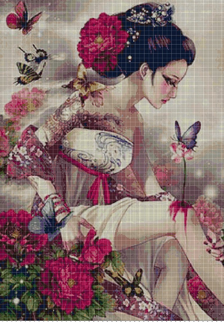 Fantasy girl with butterfly cross stitch pattern in pdf DMC