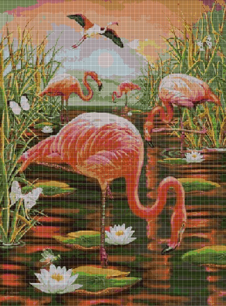 Flamingos in night cross stitch pattern in pdf DMC