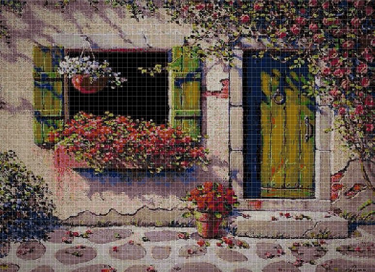 Floral window cross stitch pattern in pdf DMC