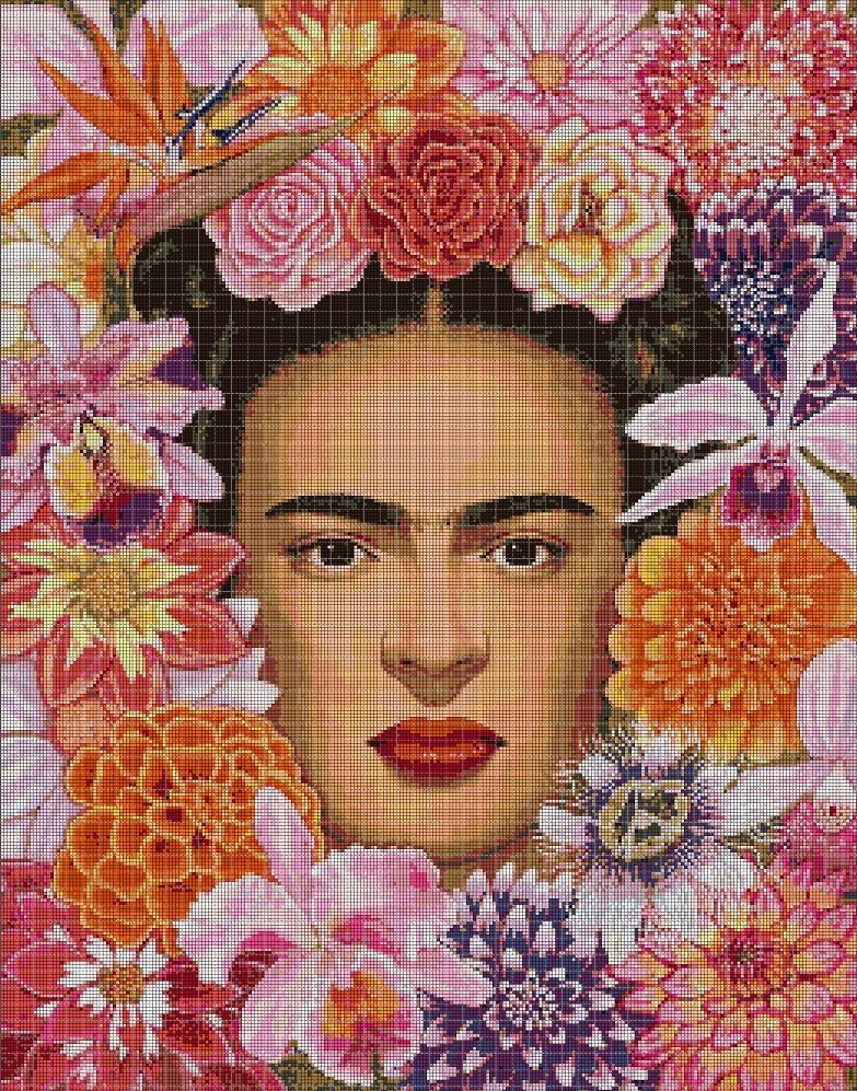 Frida with flowers cross stitch pattern in pdf DMC