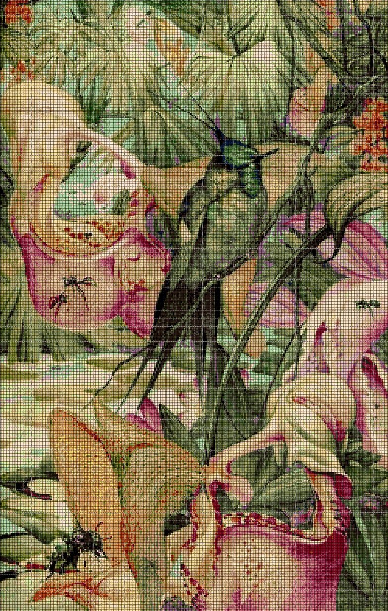 Flowers with bird cross stitch pattern in pdf DMC