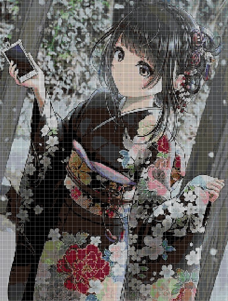 Girl in kimono cross stitch pattern in pdf DMC