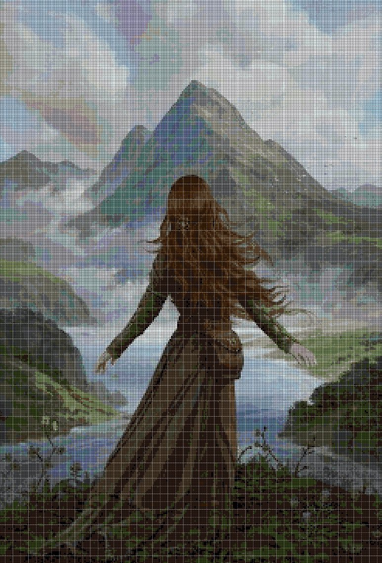 Girl in the mountains cross stitch pattern in pdf DMC