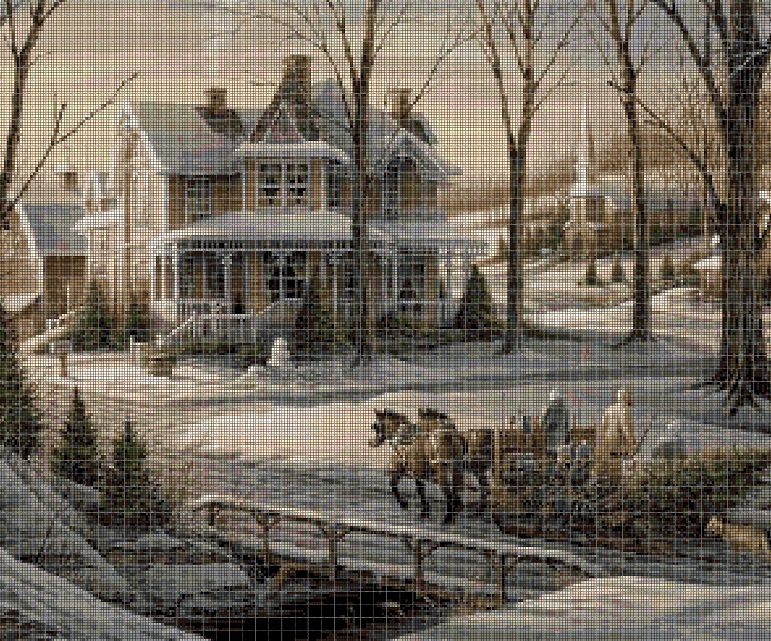 House in winter cross stitch pattern in pdf DMC