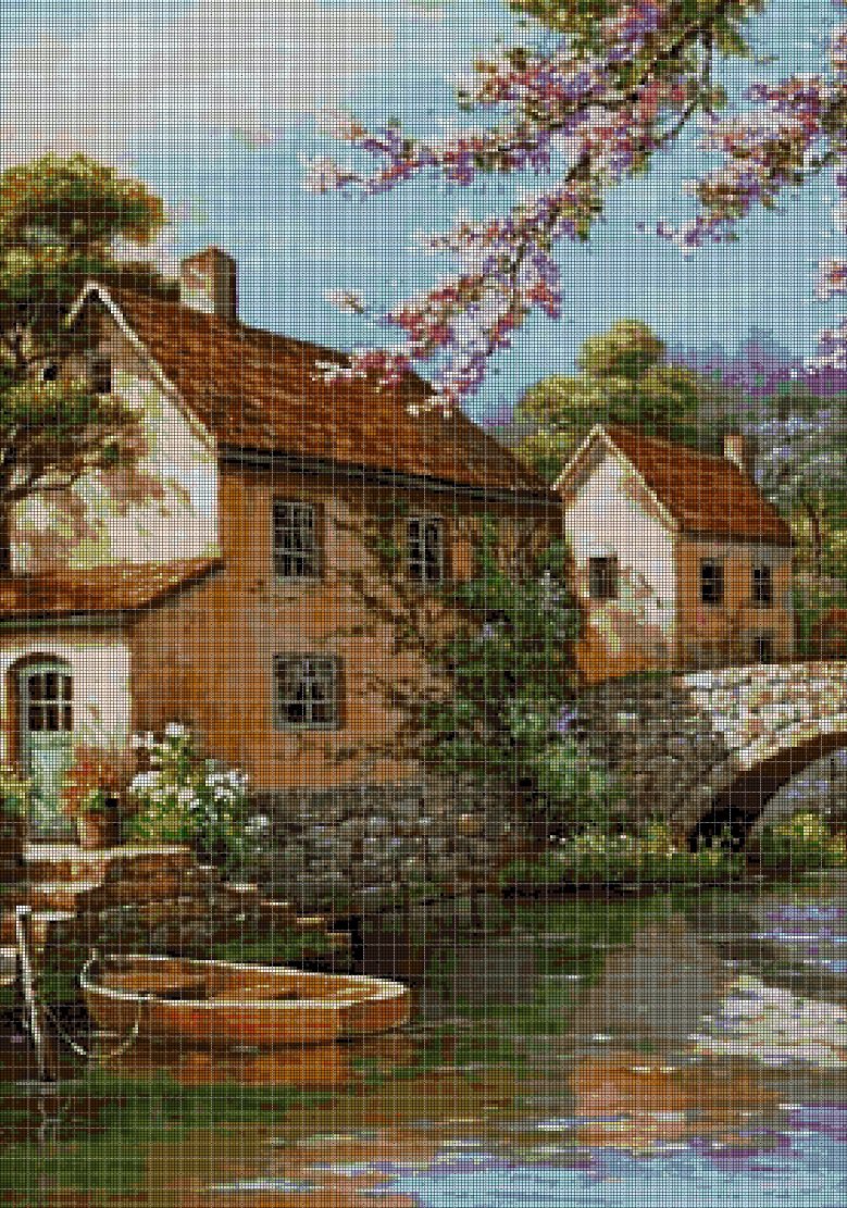 House with bridge cross stitch pattern in pdf DMC