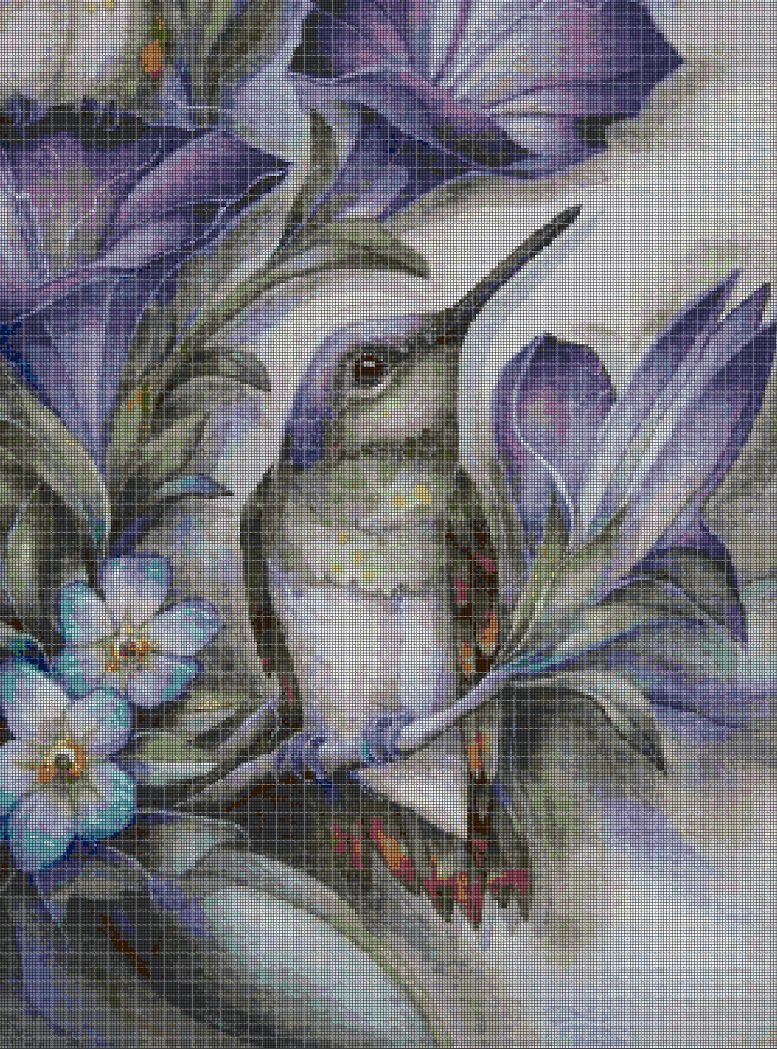 Hummingbird in purple  cross stitch pattern in pdf DMC