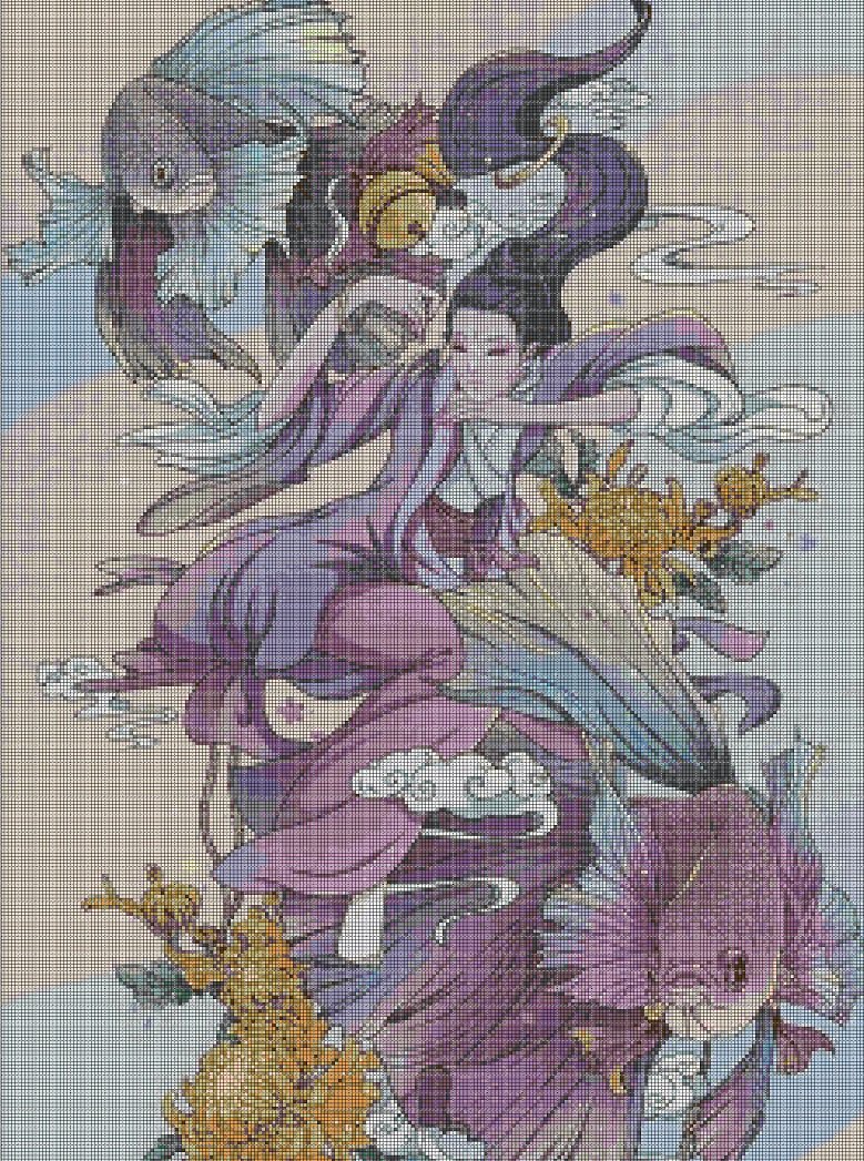 Girl with fishes cross stitch pattern in pdf DMC