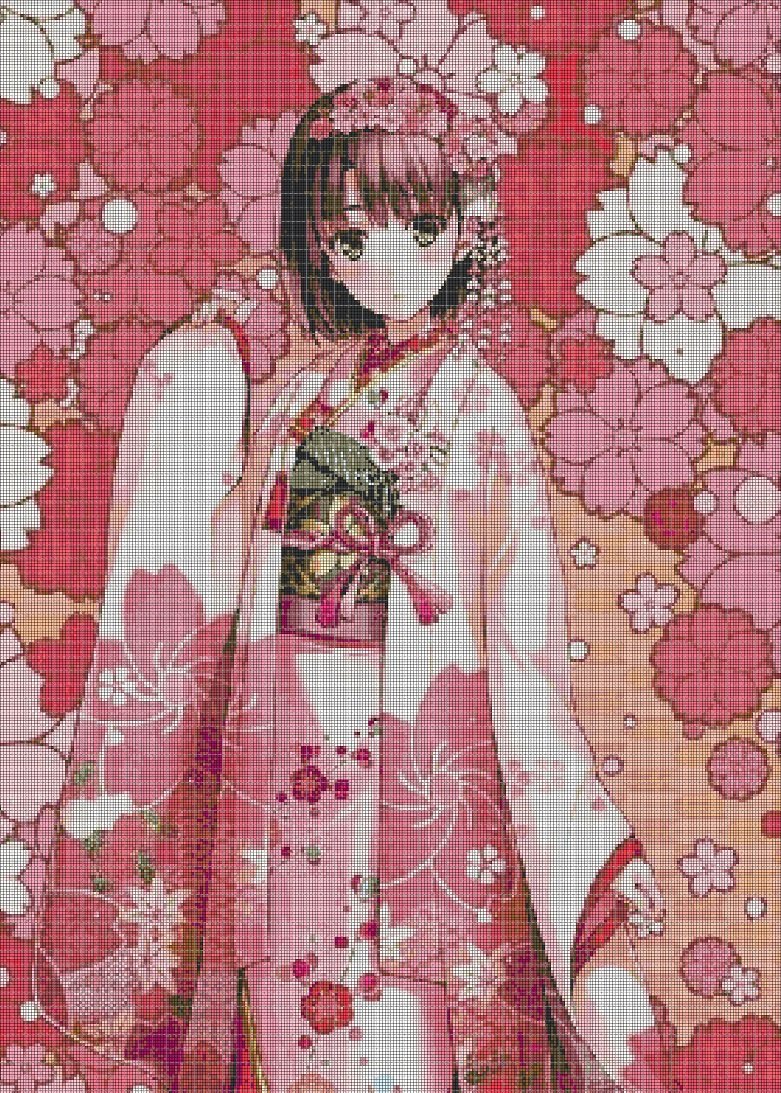 Girl with pink flowers cross stitch pattern in pdf DMC
