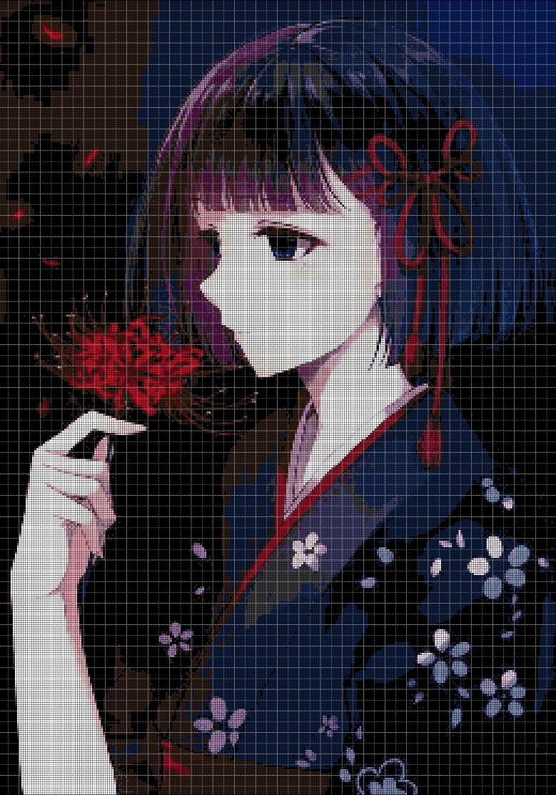 Girl with red flower cross stitch pattern in pdf DMC