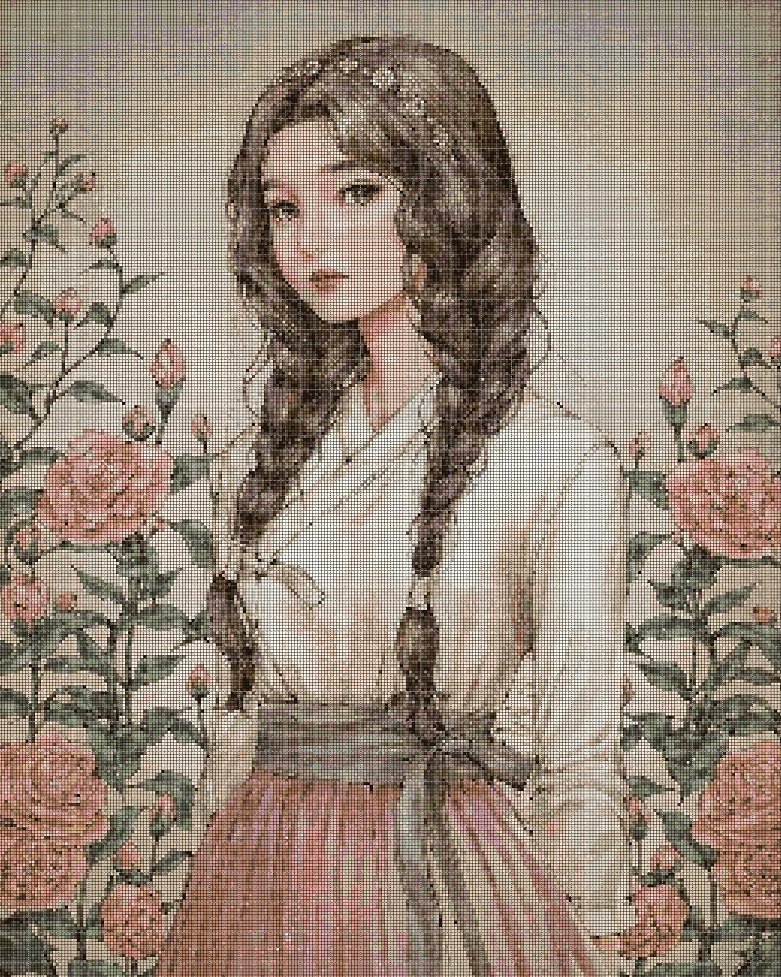 Girl with roses cross stitch pattern in pdf DMC