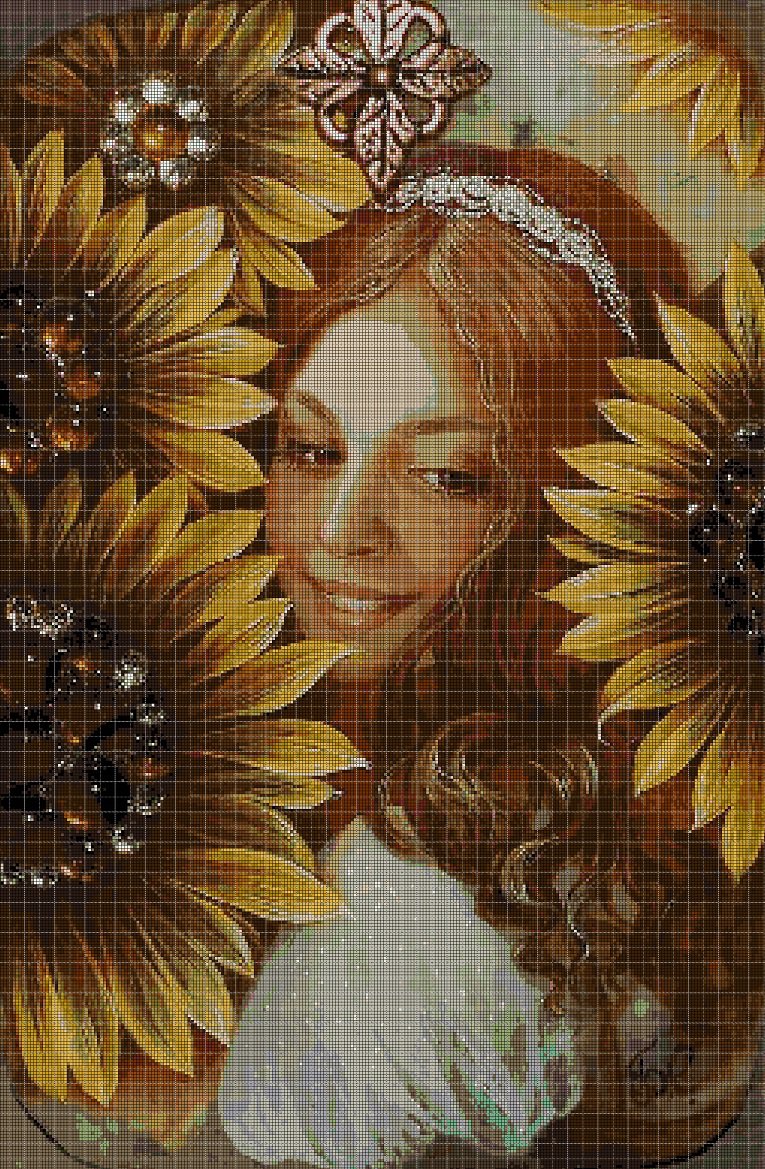 Girl with sunflowers cross stitch pattern in pdf DMC