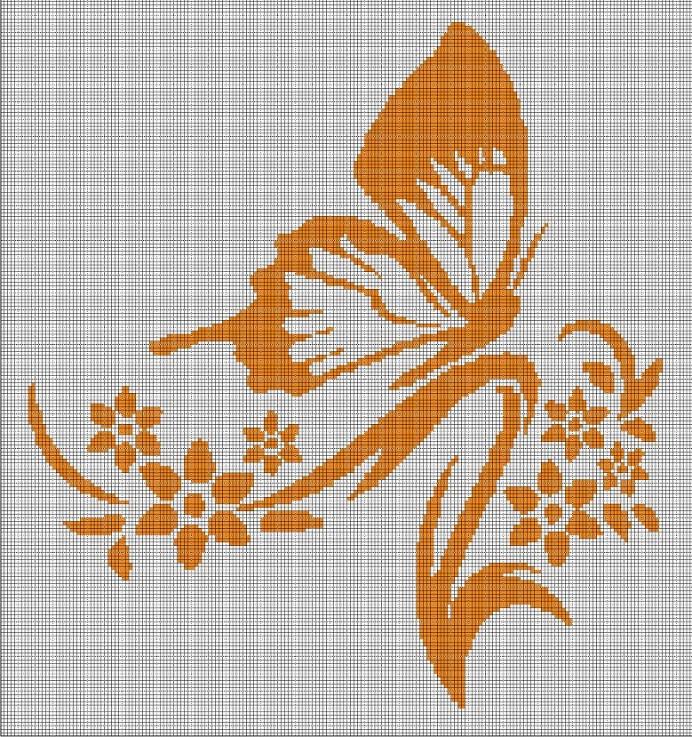 Orange flower and butterfly silhouette cross stitch pattern in pdf