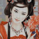 Japanese girl in red cross stitch pattern in pdf DMC