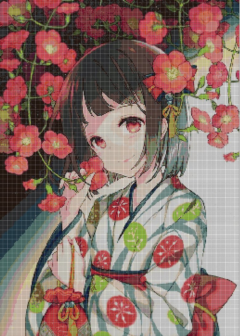 Japanese girl with flowers cross stitch pattern in pdf DMC