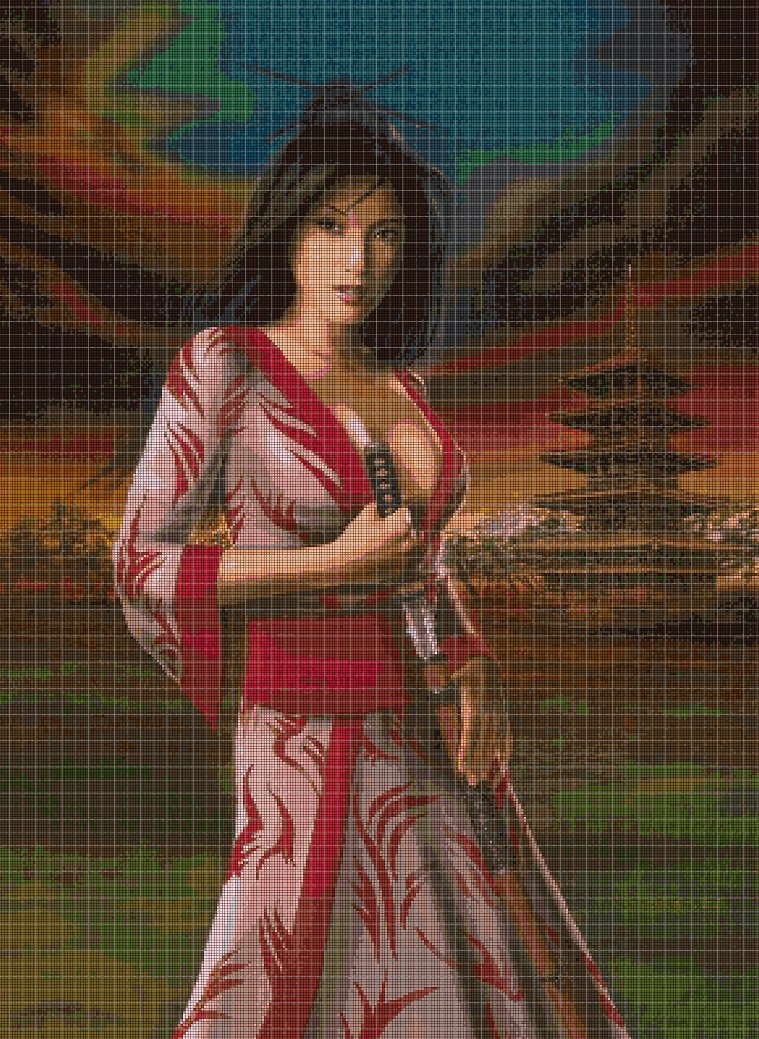 Japanese warrior woman cross stitch pattern in pdf DMC