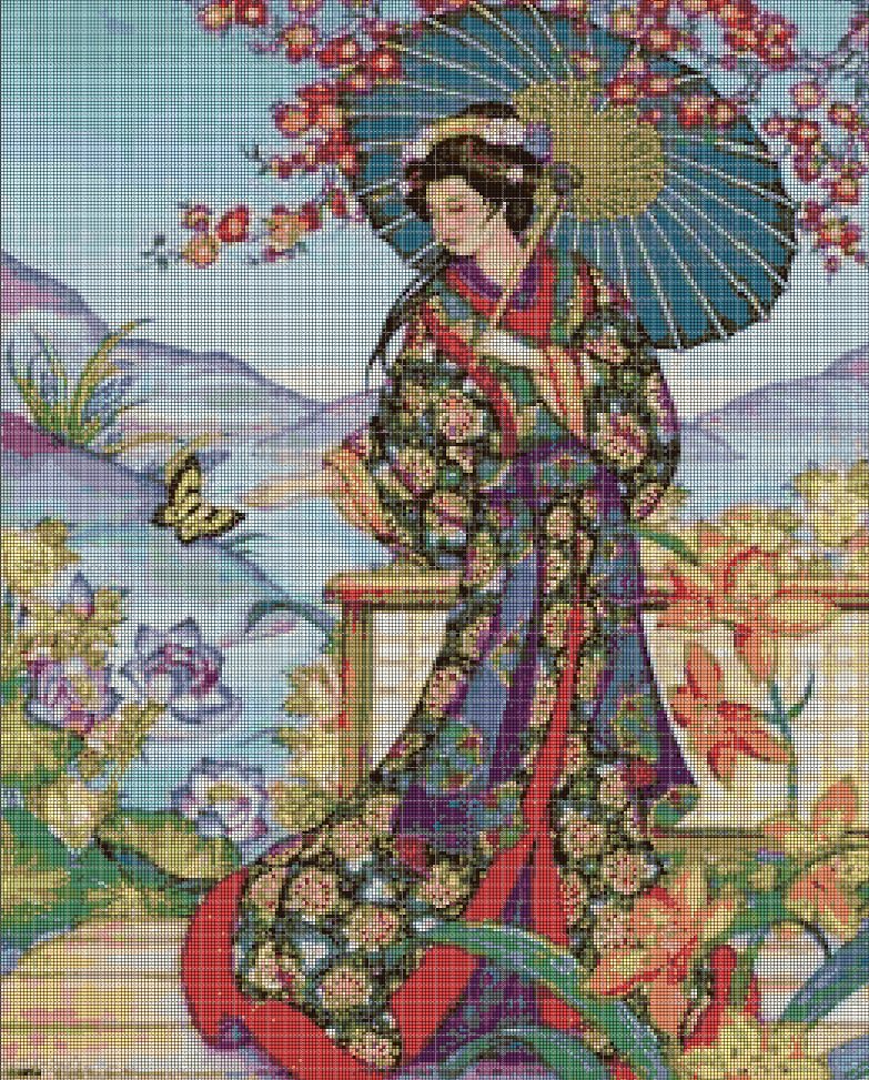 Japanese woman 3 cross stitch pattern in pdf DMC