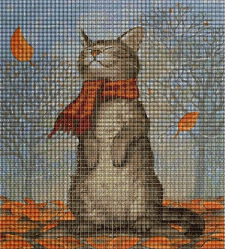 Kitten in autumn cross stitch pattern in pdf DMC