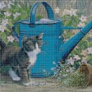 Kitten with watering can cross stitch pattern in pdf DMC